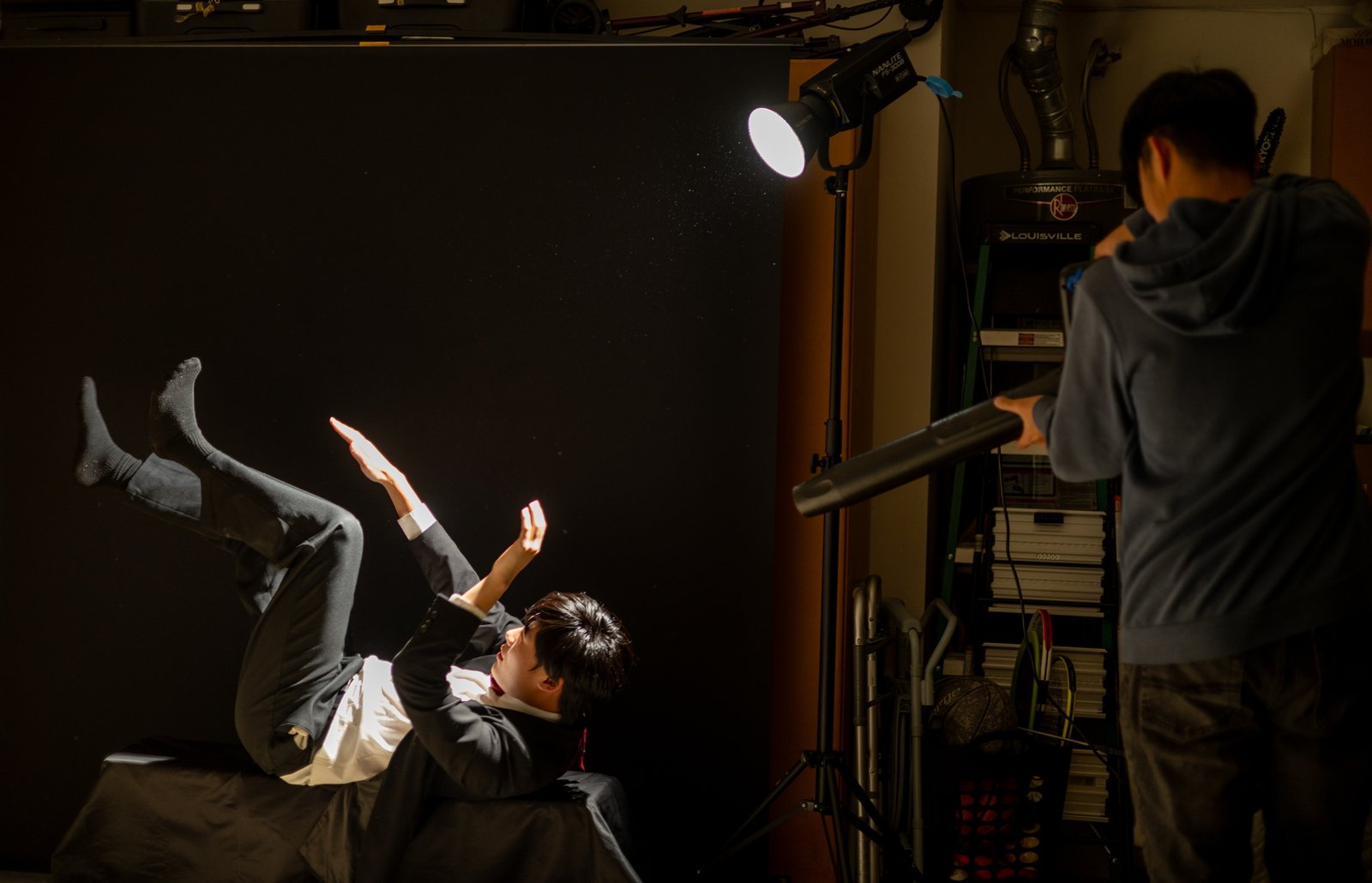 Behind the scenes image of the floating shot setup