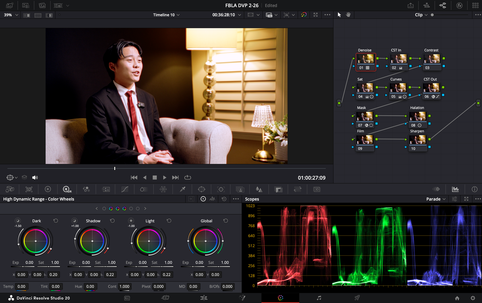 Resolve edit page showing multi-track timeline and transitions